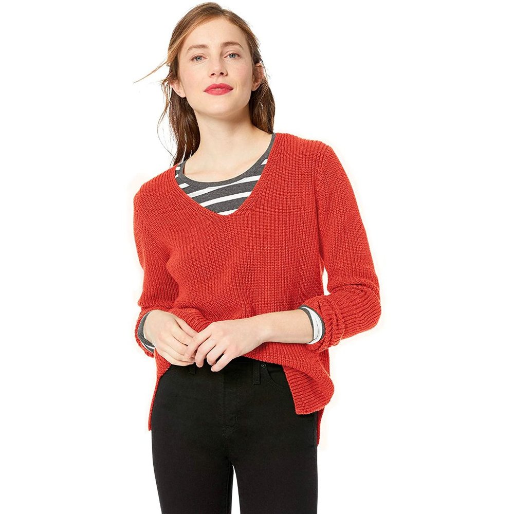 J.Crew Heather V-Neck Cotton Pullover Sweater in Heather Pumpkin, S